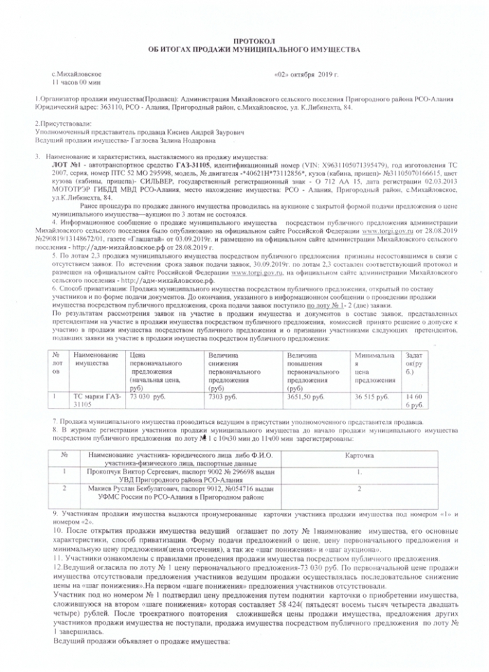 Протокол об итогах продажи муниципального имущества от 02.10.2019